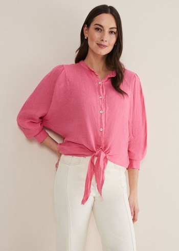 Phase Eight Raelynn Tie Front Linen Shirts Pink USA | 8471390-XL